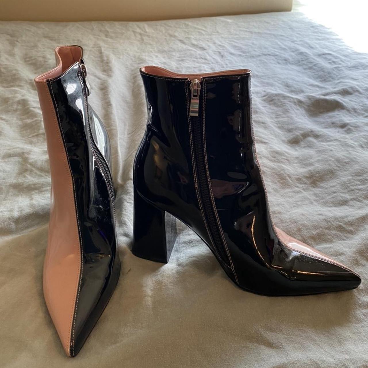 Black/pink patent leather booties with a pointed toe... Depop