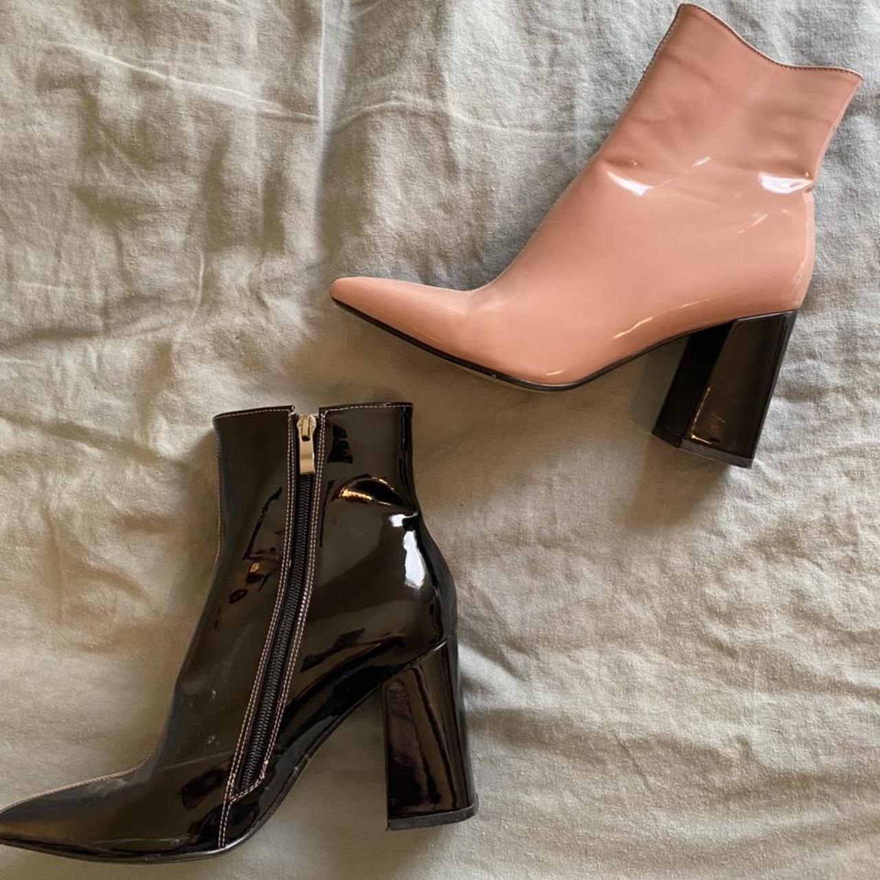 Black/pink patent leather booties with a pointed toe... Depop