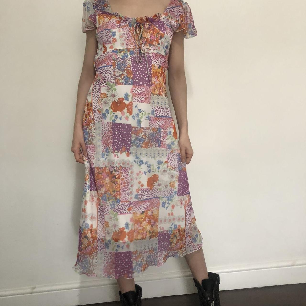 Double layer patchwork print sheer overlay midi... - Depop