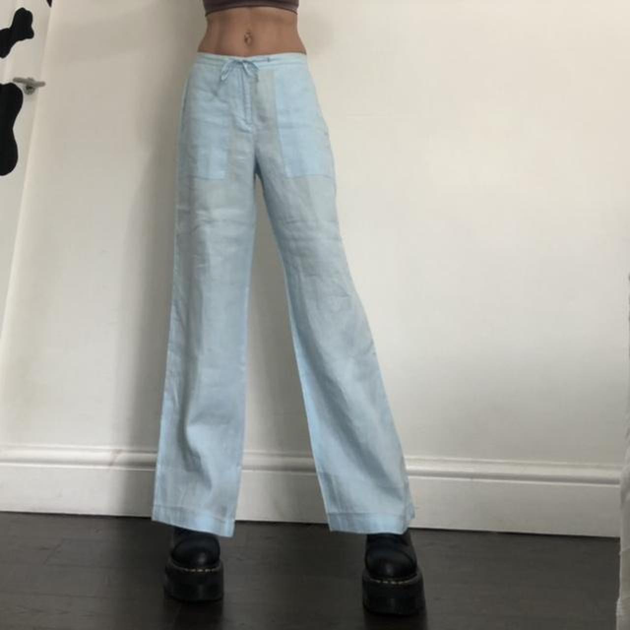 Pastel baby blue linen trousers casual pants with... Depop