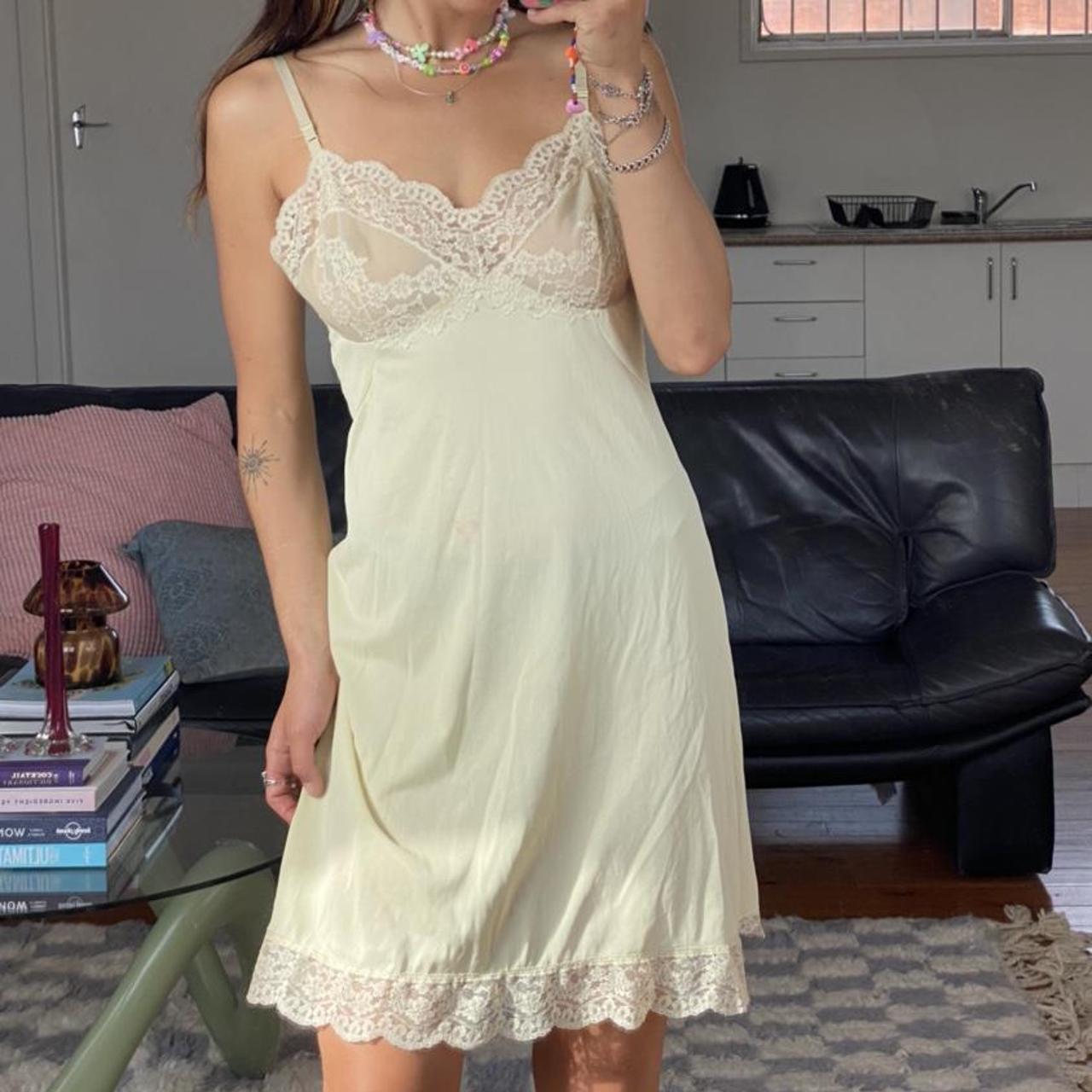 Creamy Vintage Satin Slip Dress With Lace Bodice Depop