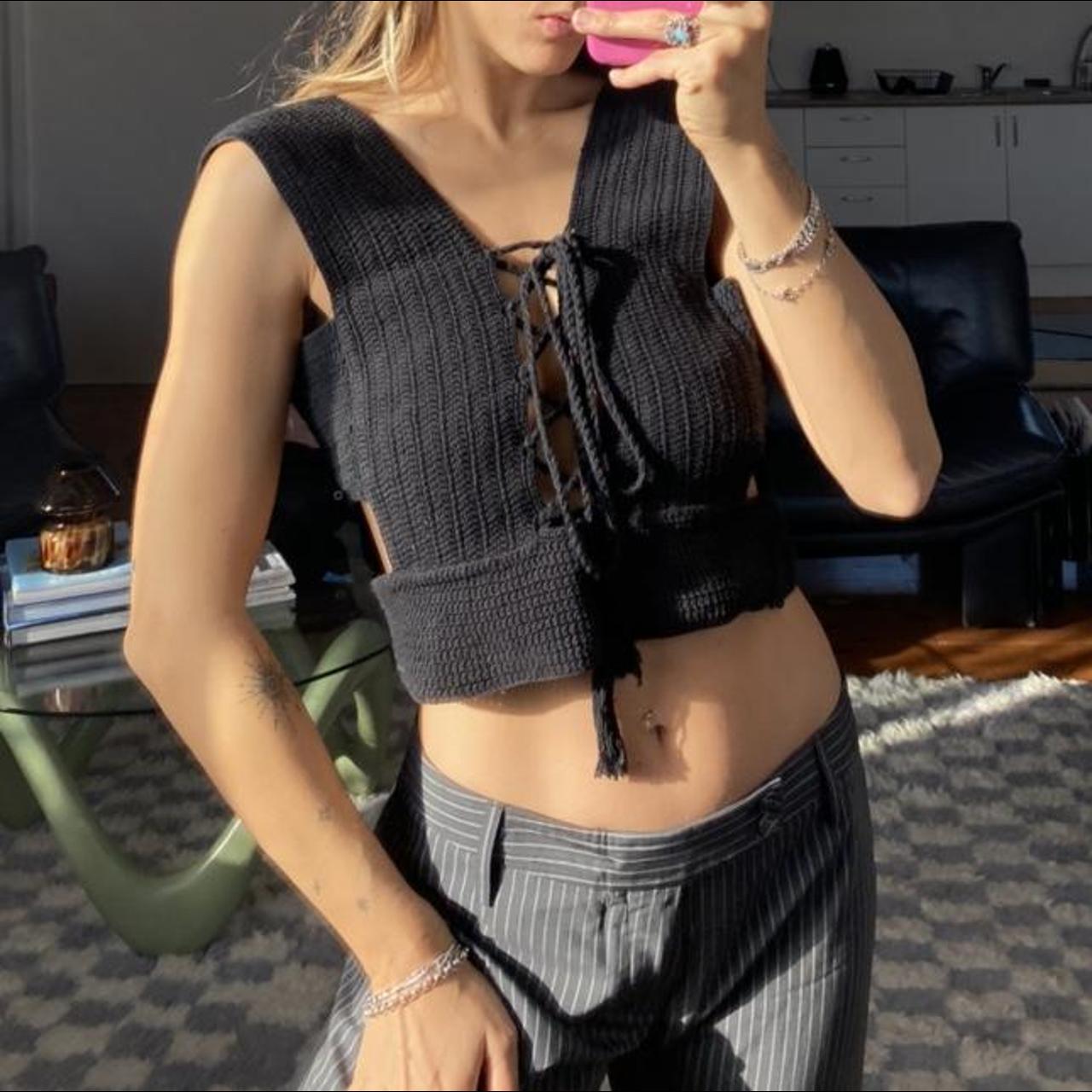 boho black backless crochet knit top with lace up... Depop