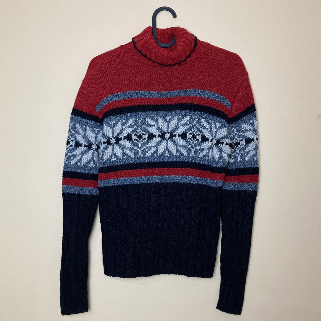 Red, gray, black and white knit turtleneck sweater... - Depop