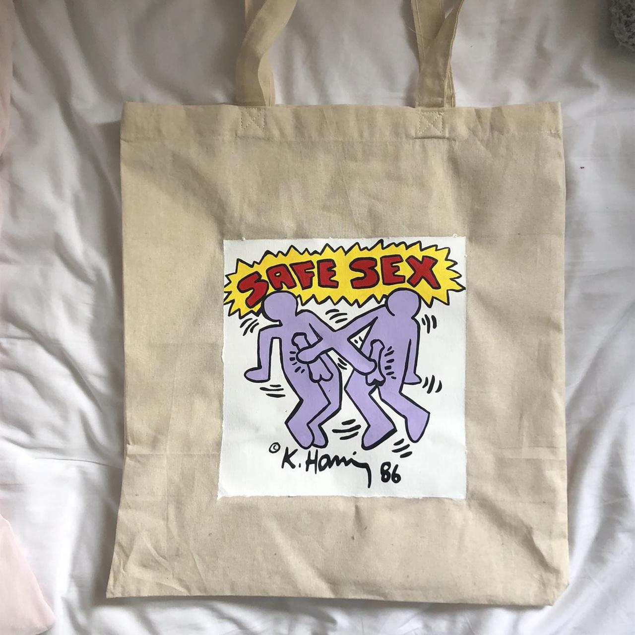 Keith Haring “safe sex” tote bag design seen on... - Depop