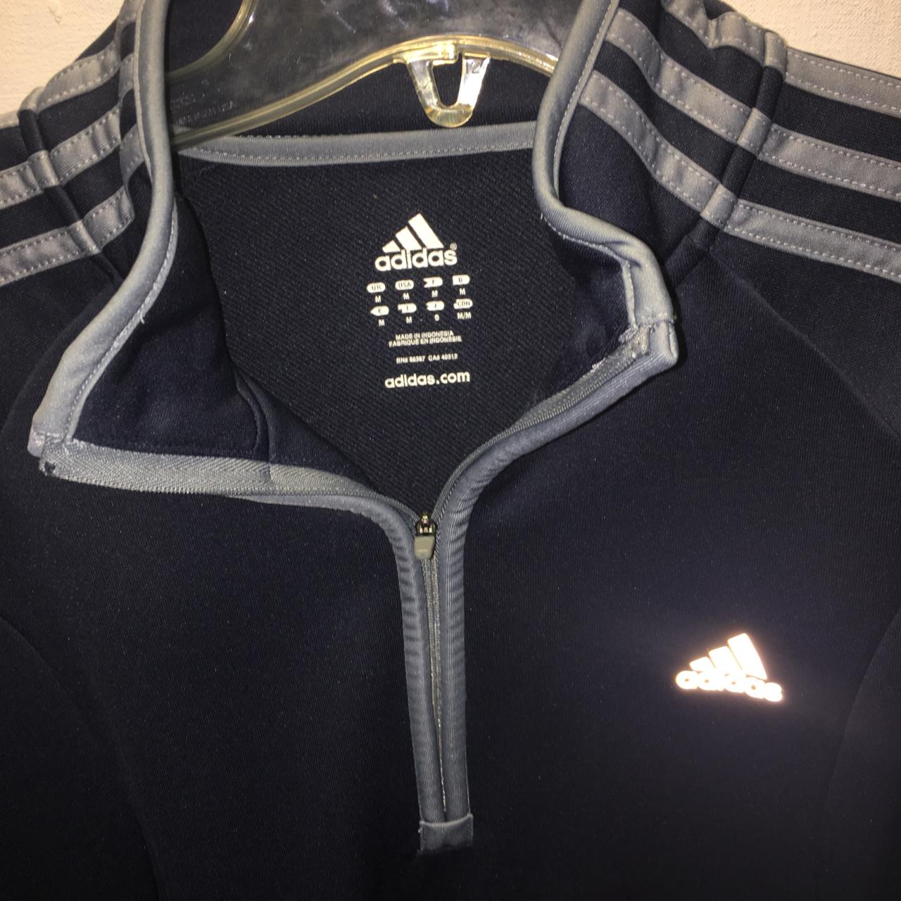 Adidas navy blue with grey strips track jacket... - Depop