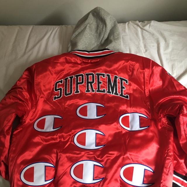 Supreme/Champion Hooded Satin Varsity Jacket... - Depop