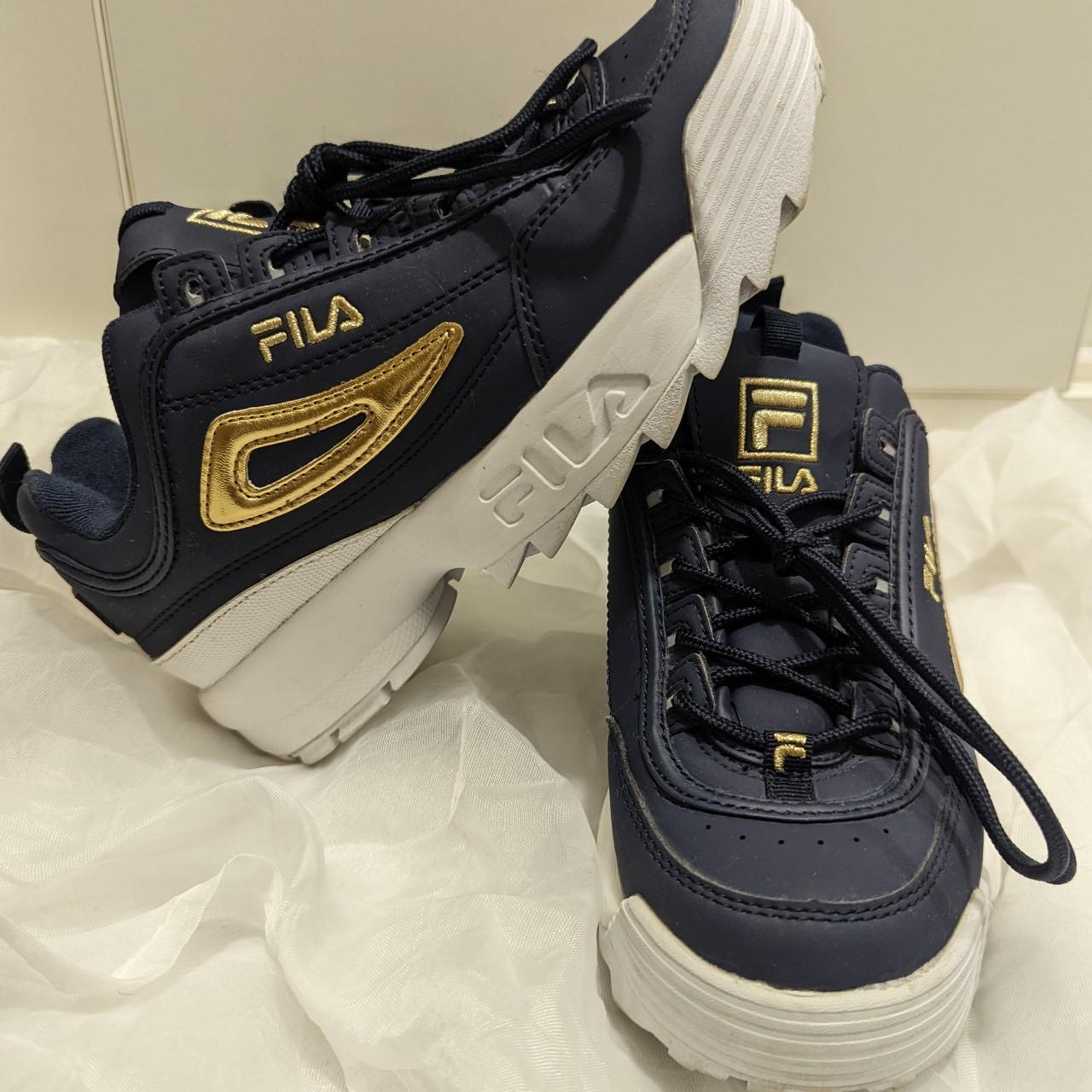gold, and white Fila Junior Size 5 trainers.... - Depop