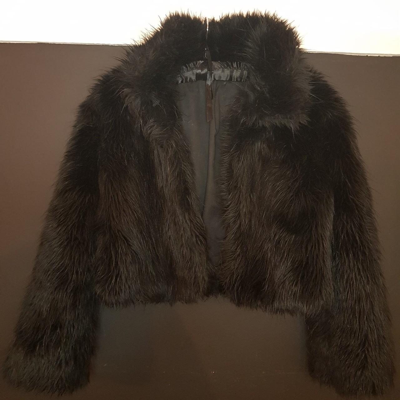Black Topshop faux fur jacket, boxy style, well used... - Depop