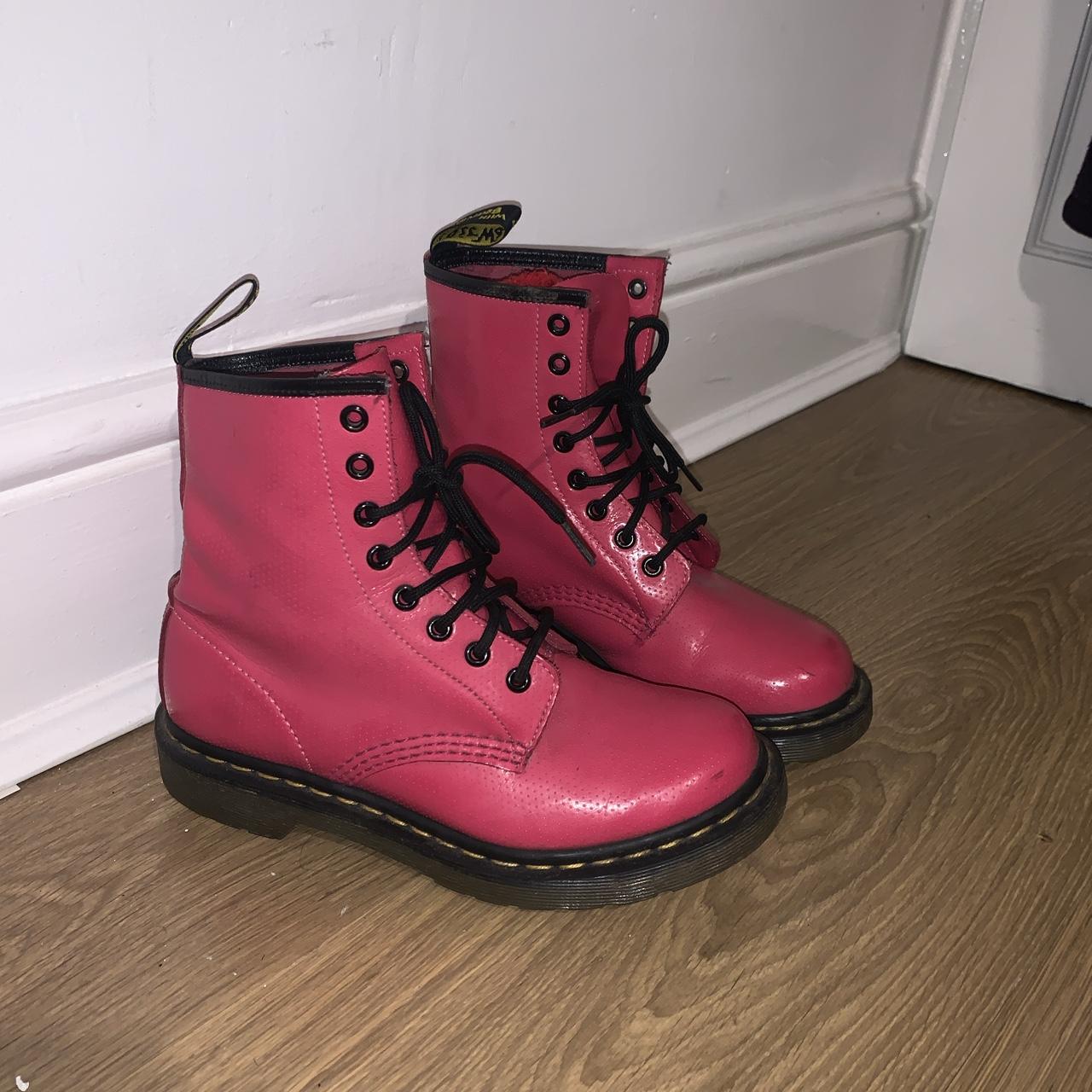 Hot pink Dr.Martens spotted texture Size UK 5 EU 38... - Depop