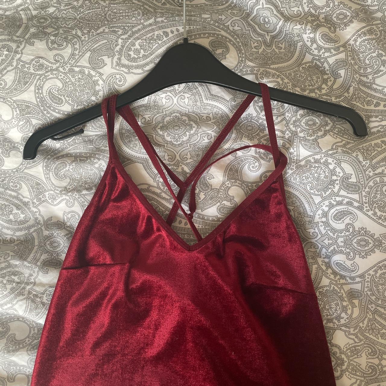 Red velvet slip dress with strappy back ️ in a size... - Depop