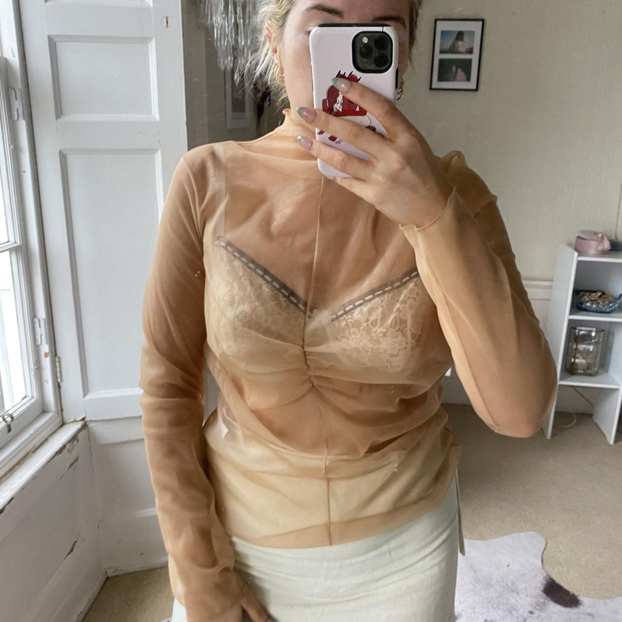 Sheer mesh nude blouse top shirt with touching...