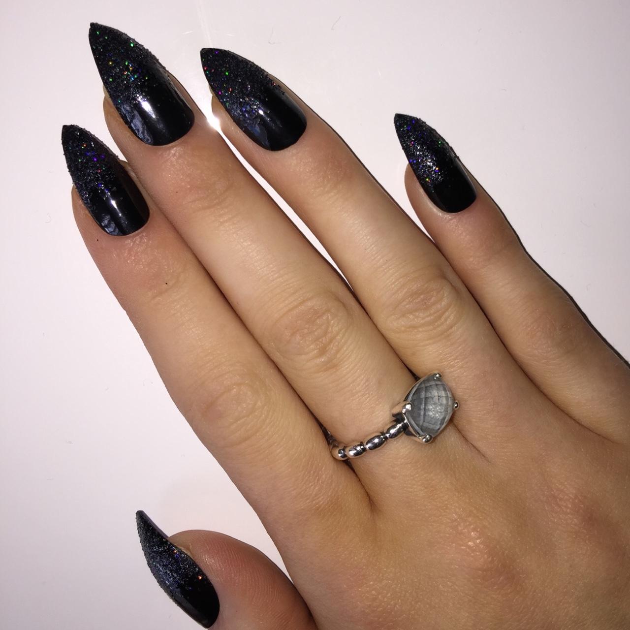 Black and silver stiletto nails with rhinestones and - Depop