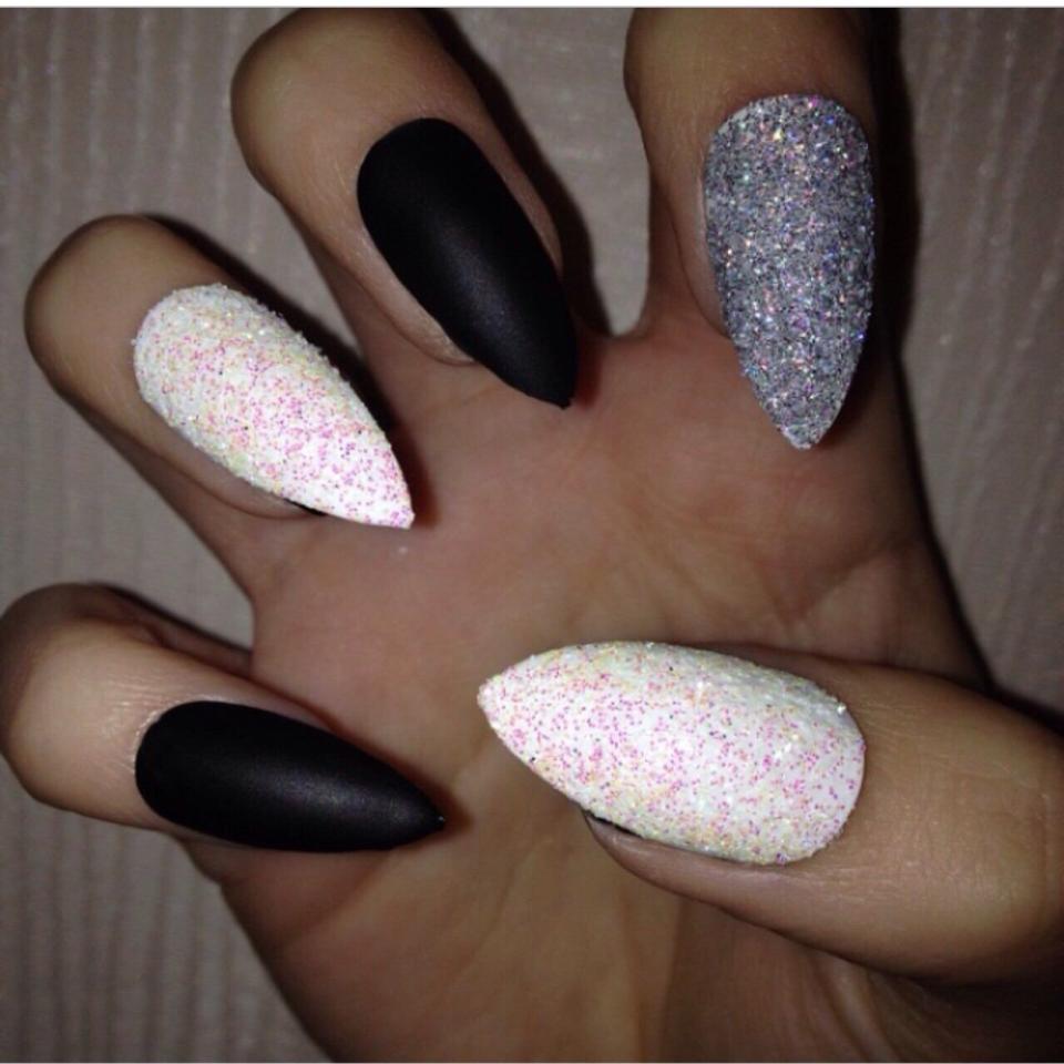 Black and silver stiletto nails with rhinestones and - Depop