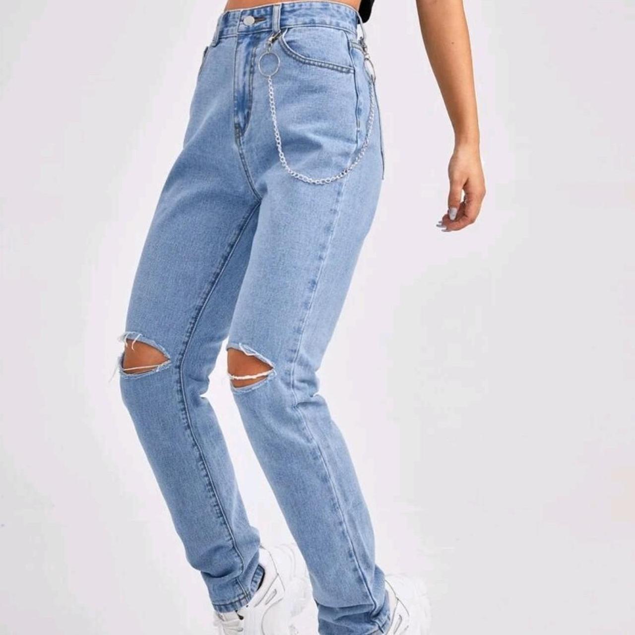 Brand new denim rip knee jeans with chain