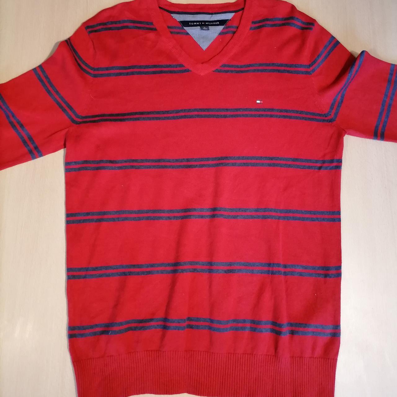 Vintage Men's Striped Tommy Hilfiger V Neck... - Depop