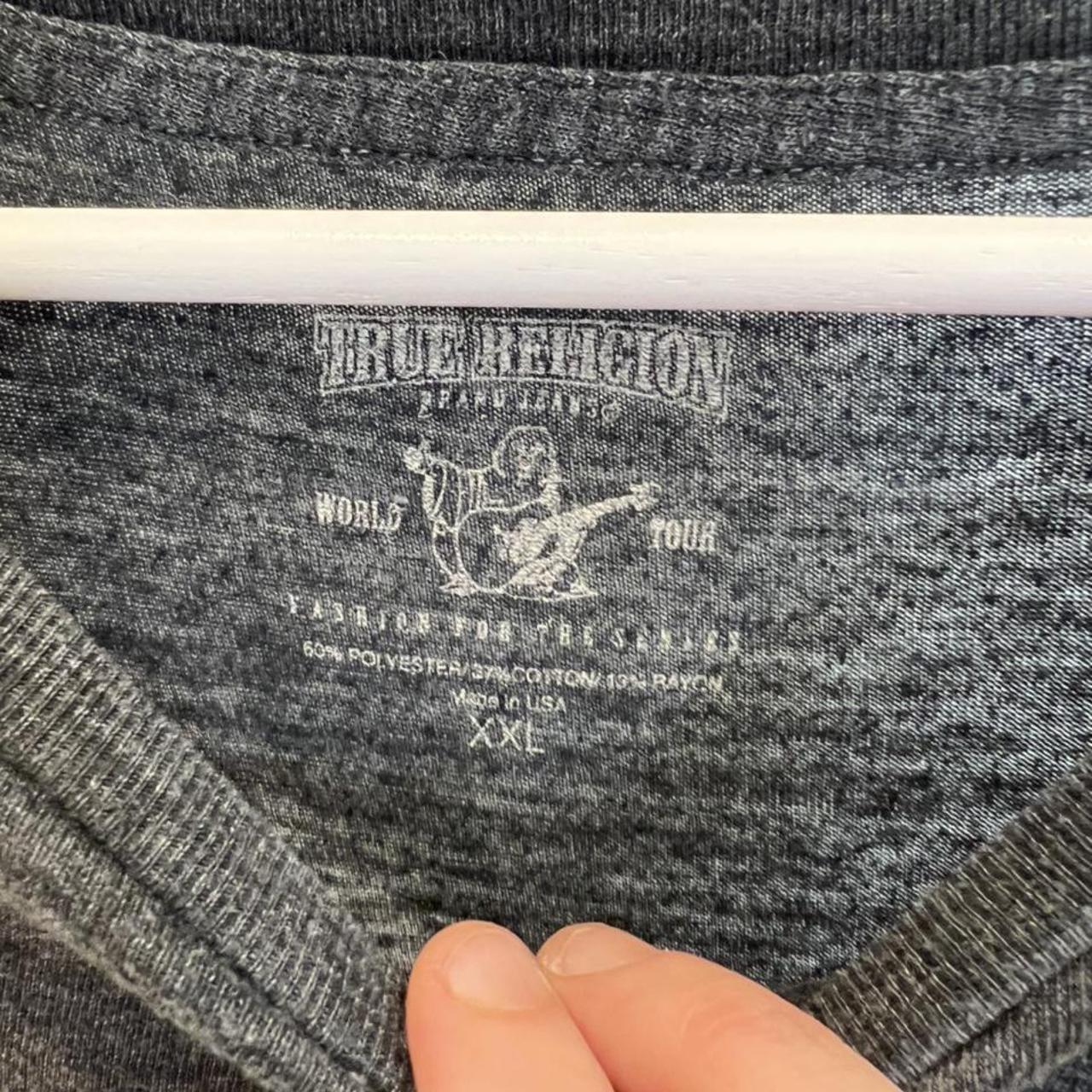 Grey True Religion T Shirt. Full back print and logo... - Depop