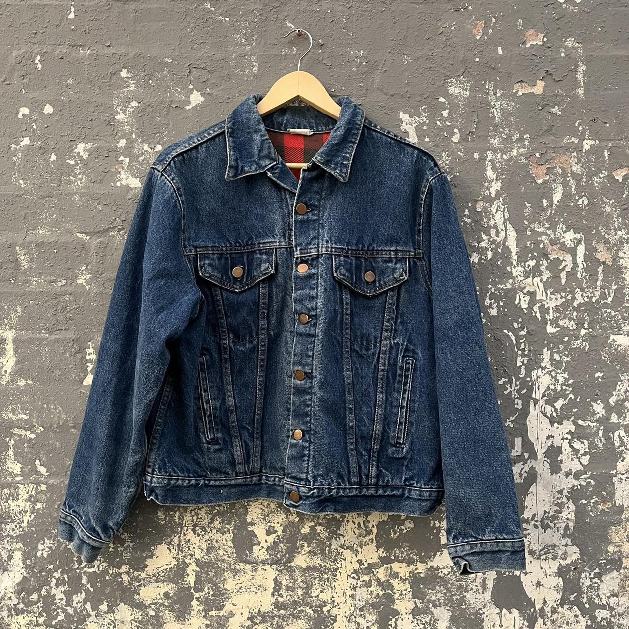 Vintage 80s check lined denim jacket. Tag has faded... - Depop