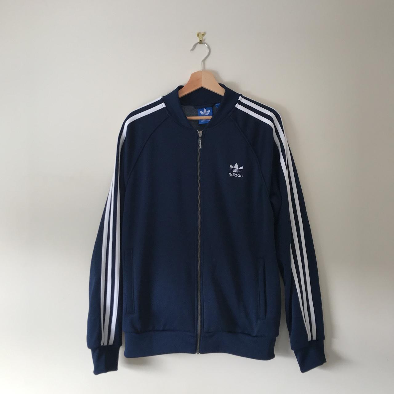 Adidas Navy blue strip jacket. Great condition - ... - Depop