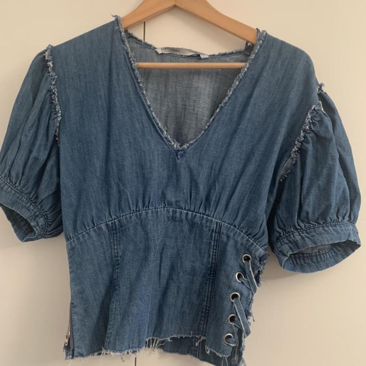 Zara denim corset top. Fitted bodice with puff sleeves. - Depop