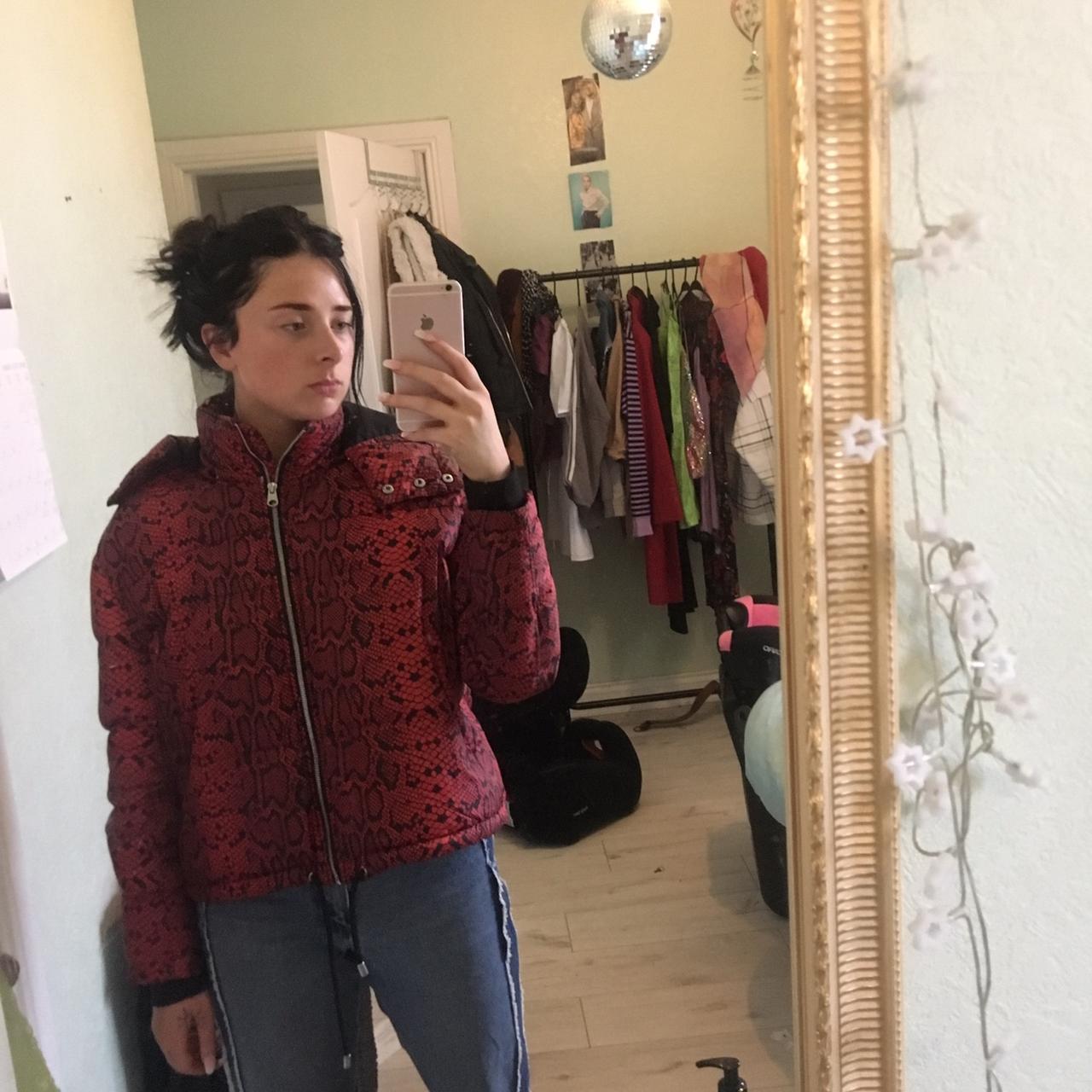 Red snakeskin puffer on sale jacket