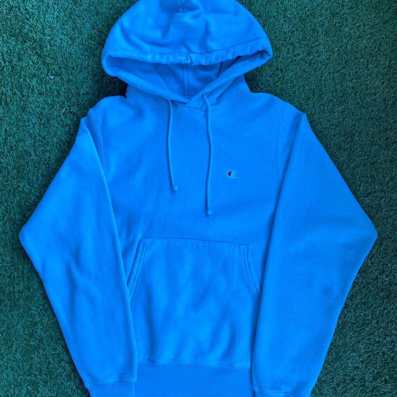 vintage champion reverse weave hoodie light blue. Depop