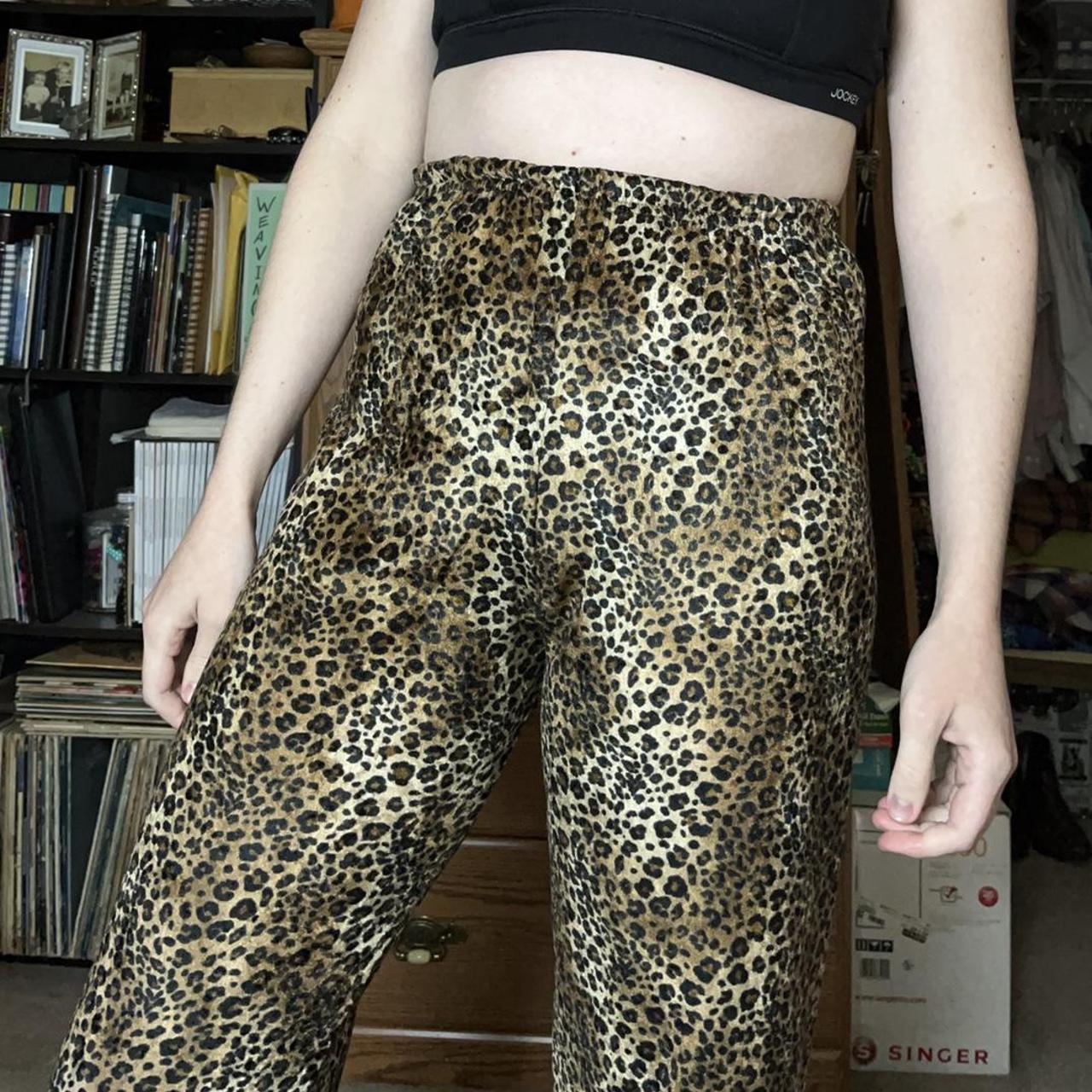 Vintage 90s leopard print velvet pants. Elastic - Depop