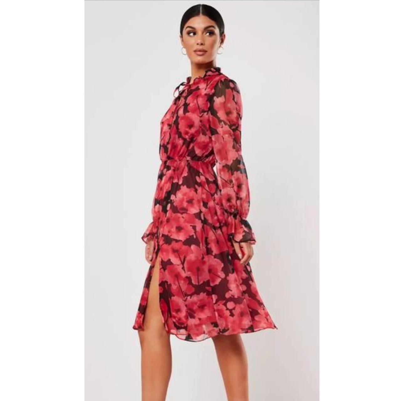 Missguided Red poppy print high neck midi dress