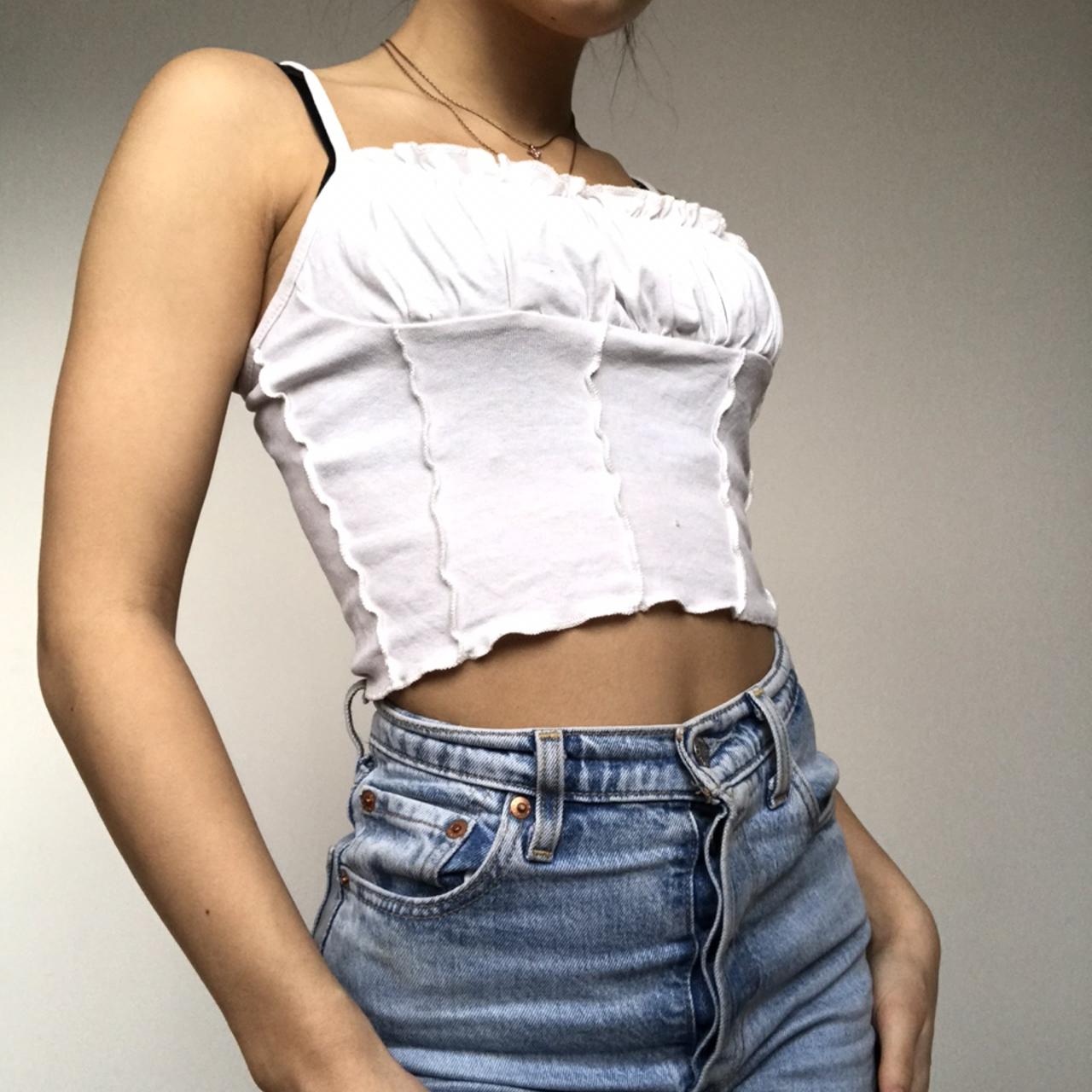 Top-Stitching Crop Top Without Bra (Color : White, Size : Large