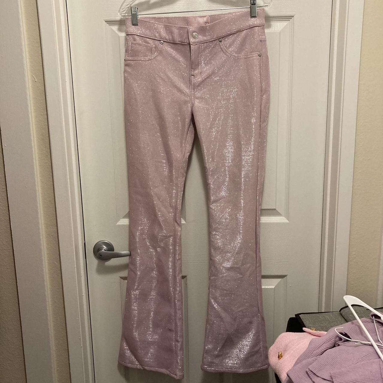 baby pink glitter low waisted bootcut pants from... - Depop