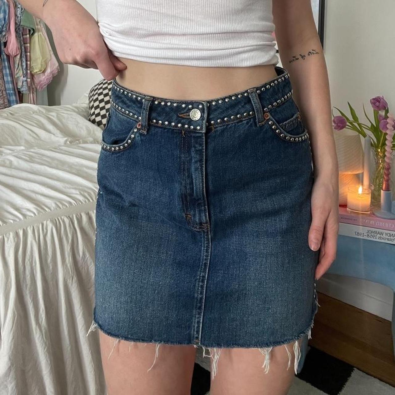 denim mini skirt with stud detailing! from top shop... - Depop