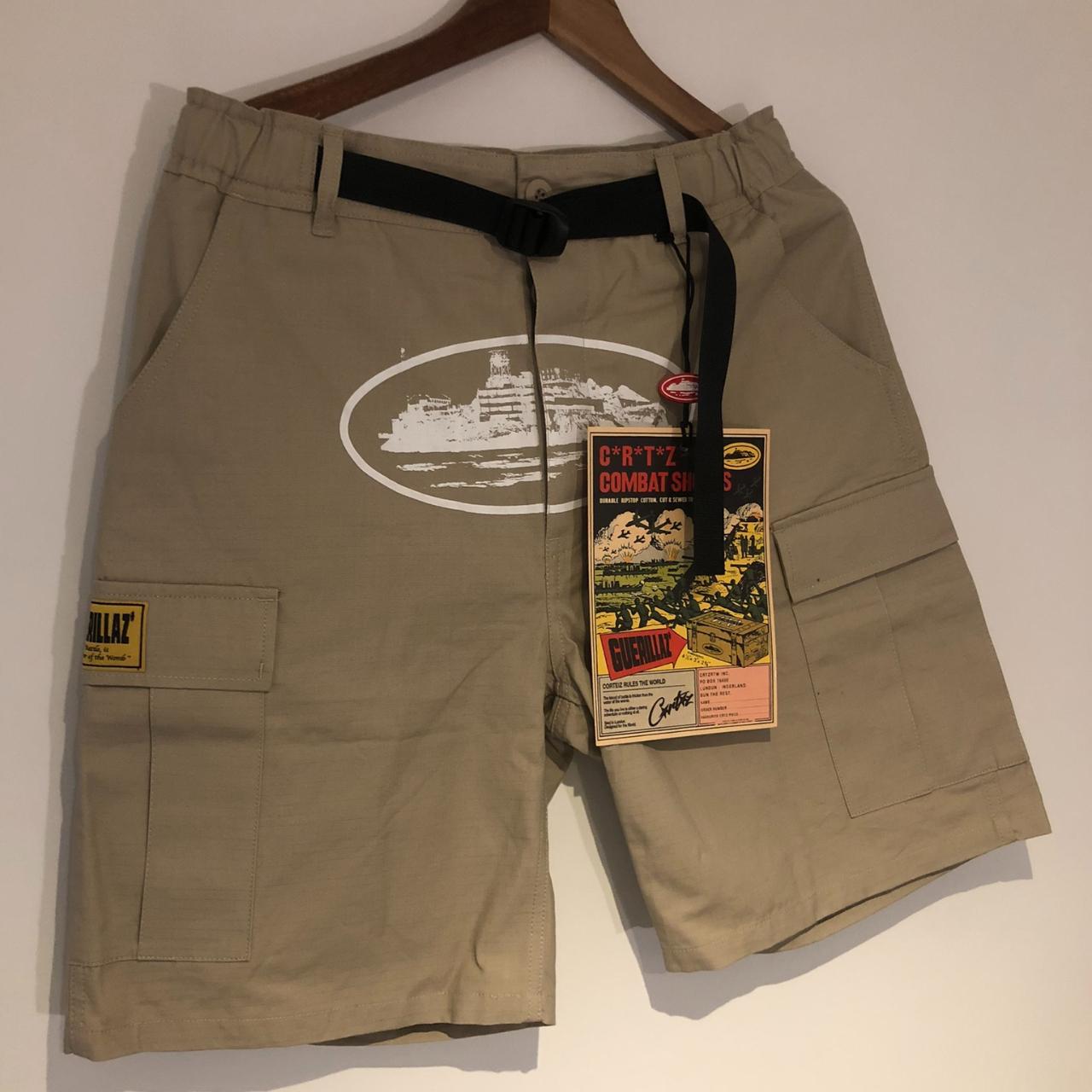 Corteiz Guerillaz Cargo Combat Shorts . Beiege/Tan... - Depop