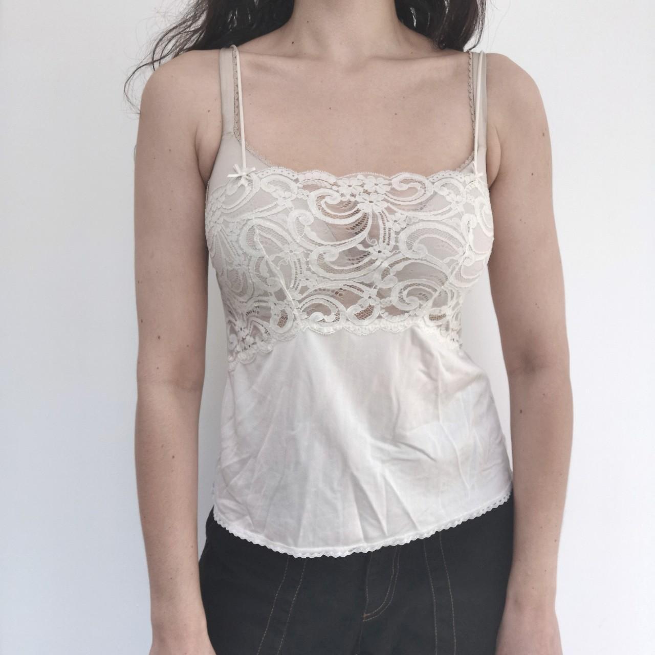 Vintage 90s ivory cami top with sheer lace bust... - Depop