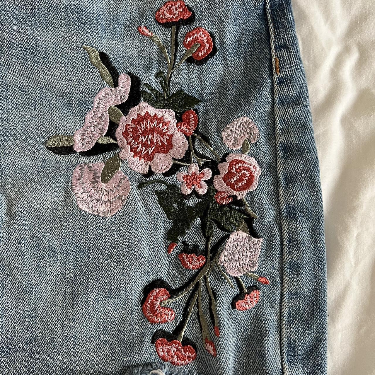 Topshop denim skirt with flower embroidery. No... - Depop