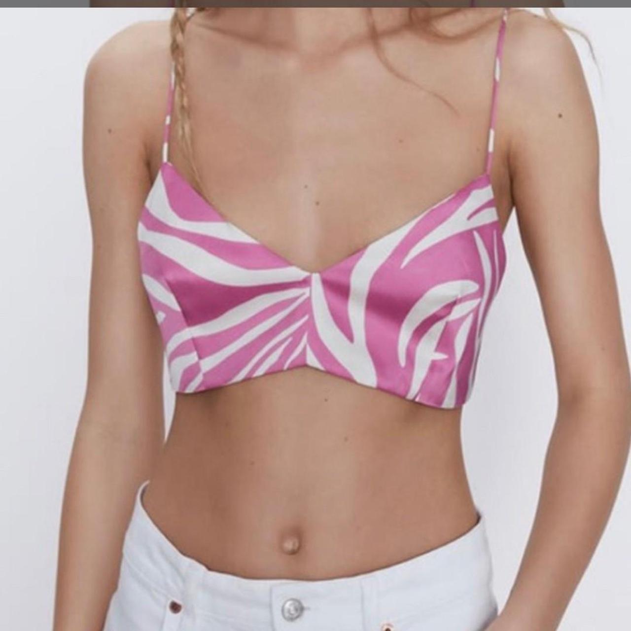 Zara white / pink zebra animal print bralette... Depop