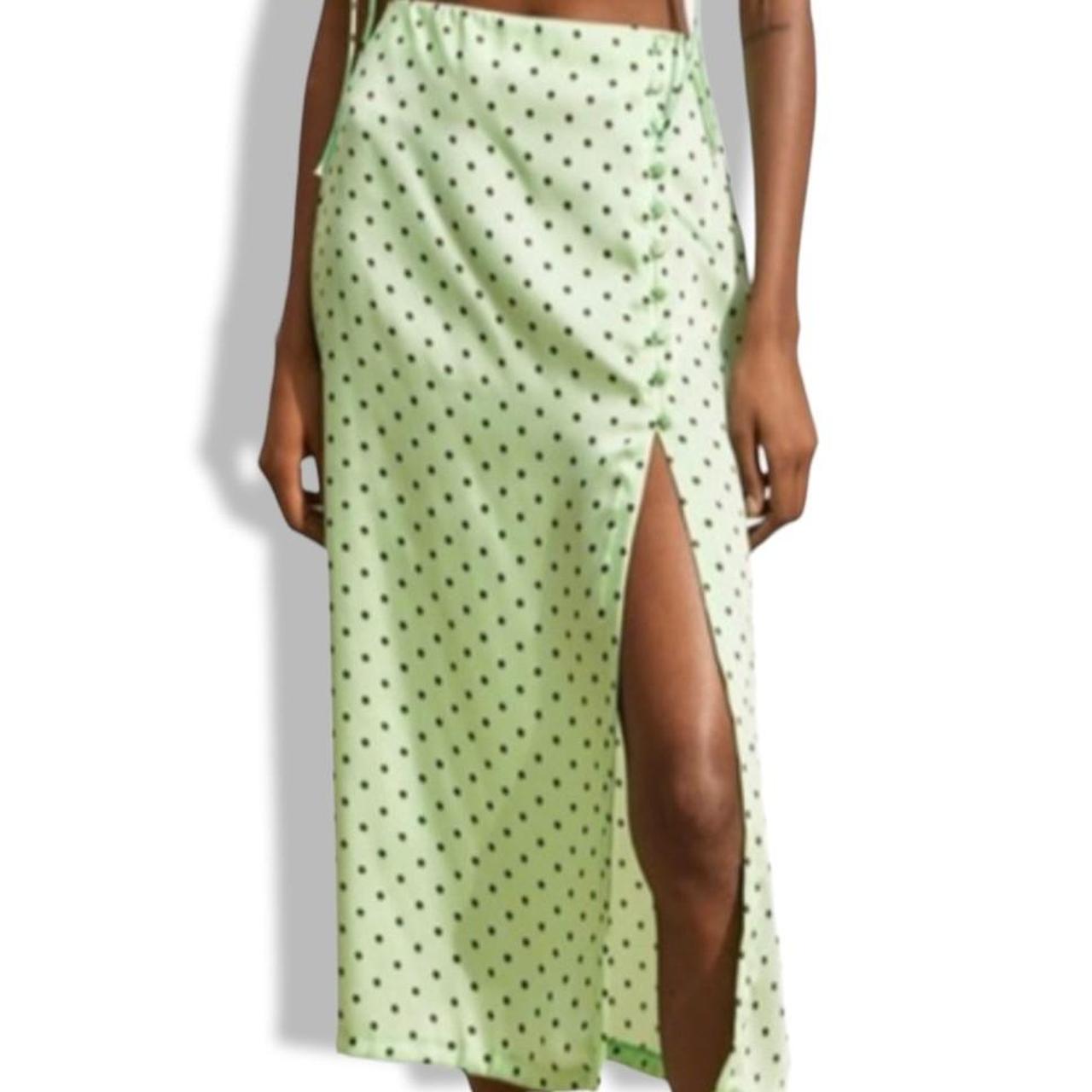 Zara green spotted polka dot satin midi skirt with. Depop