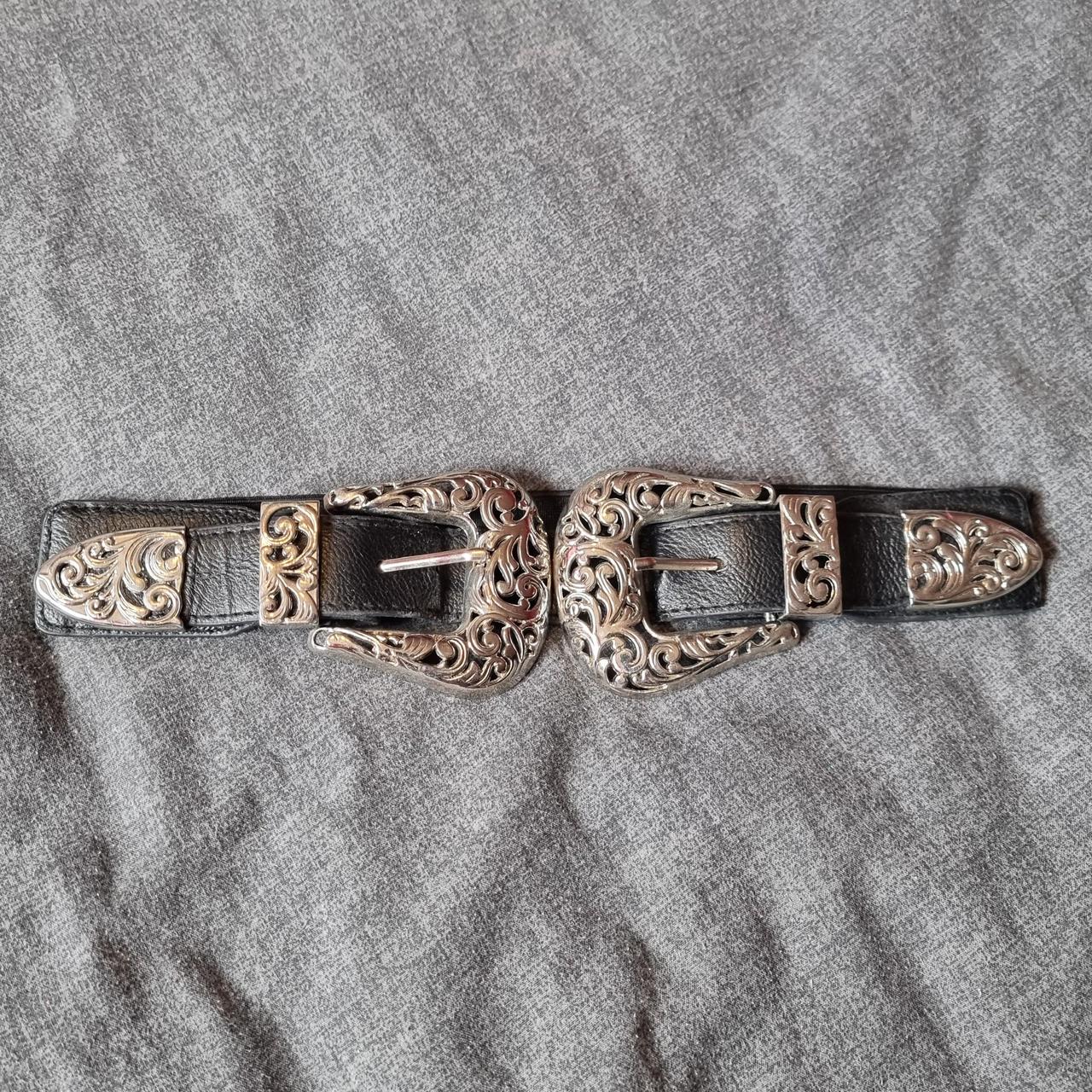 Silver black leather buckle belt with elastic at the... - Depop