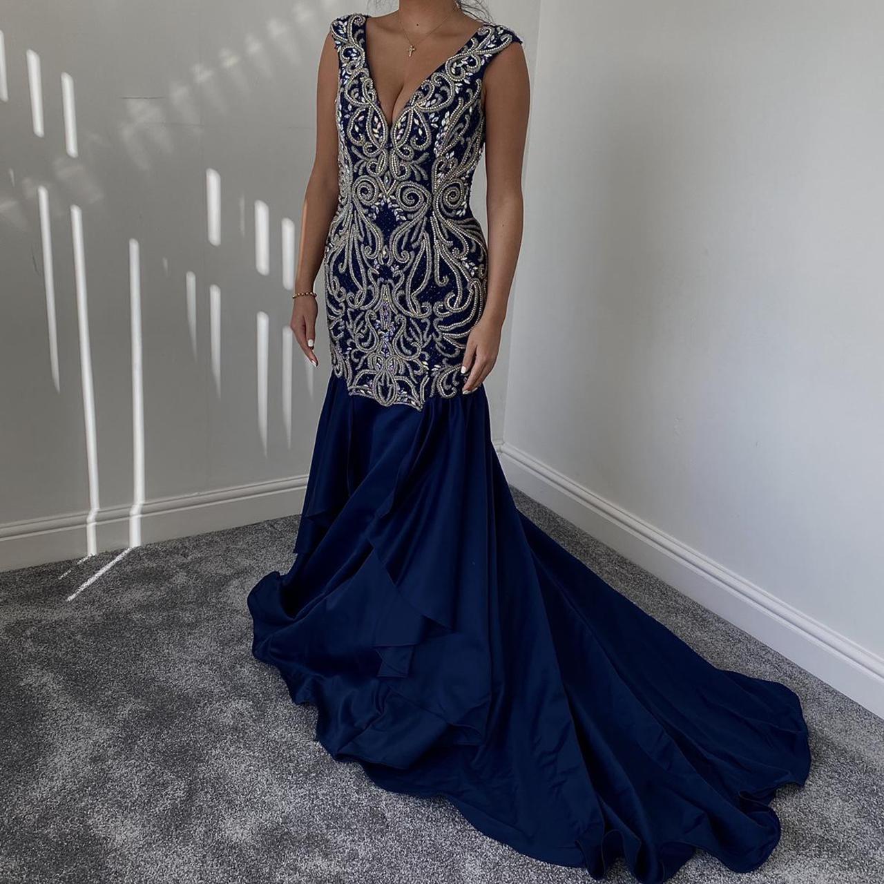 navy blue fishtail prom dress