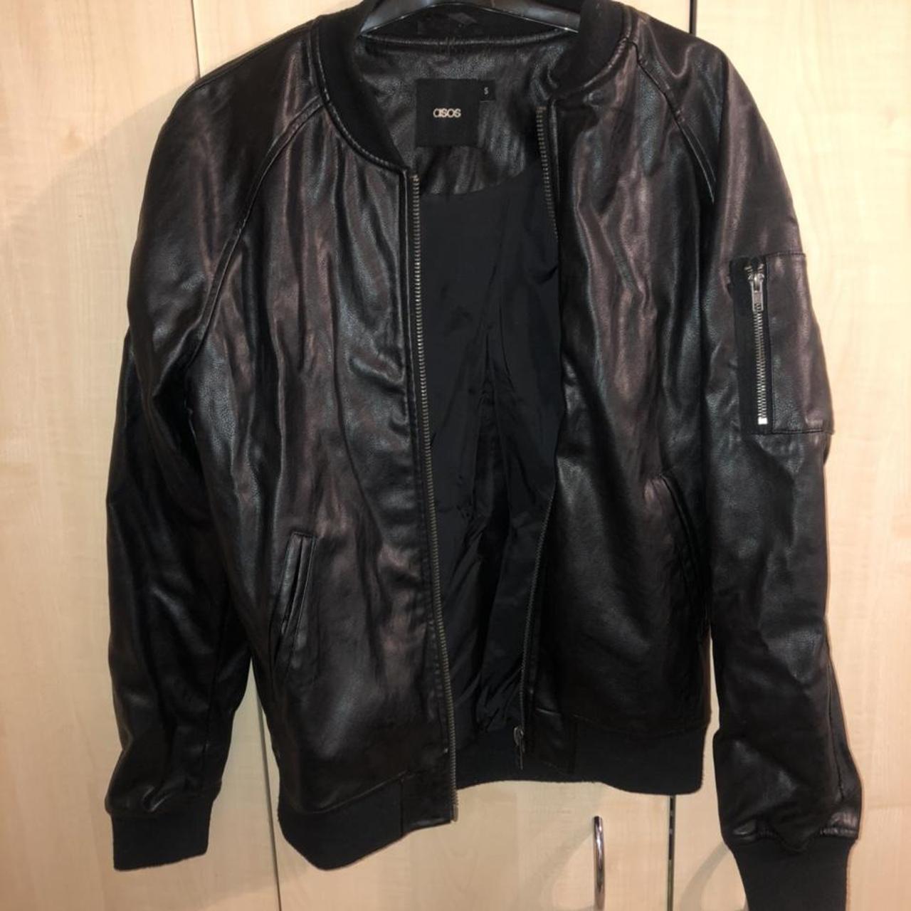 ASOS Black Faux Leather Bomber Jacket Small - Depop