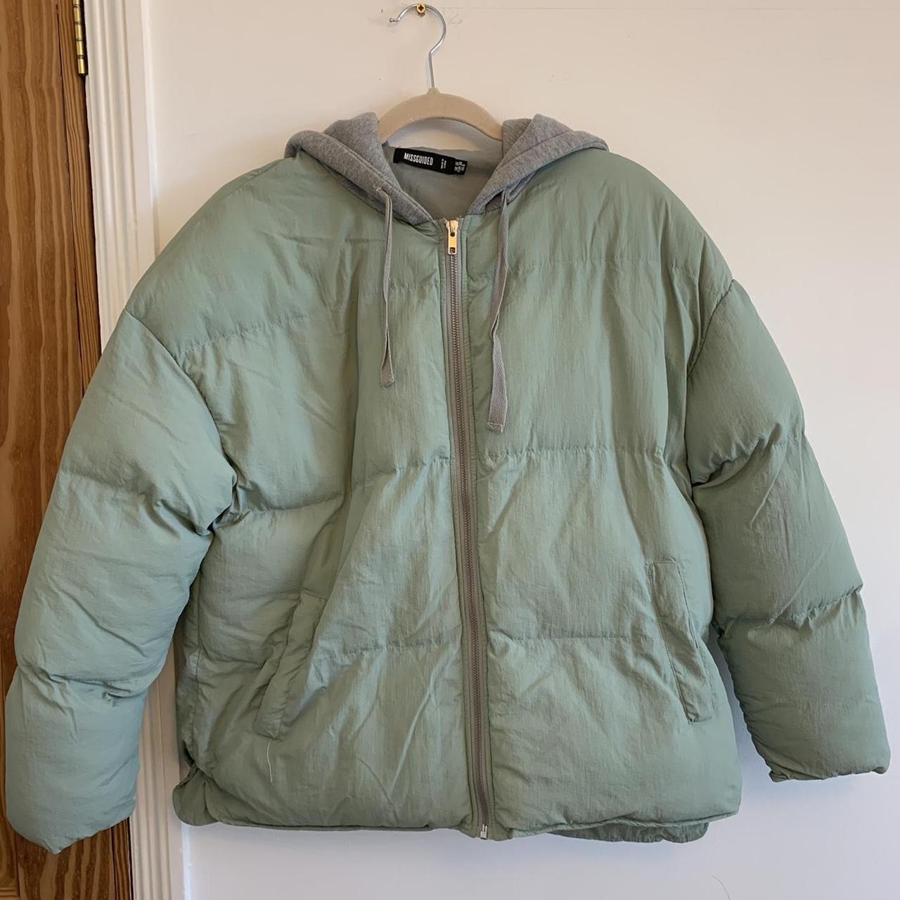 Missguided sage green oversized puffer coat with... - Depop