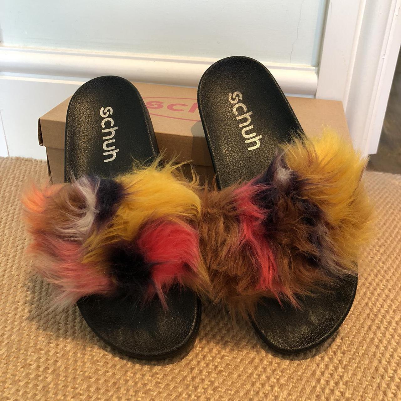 Schuh fluffy faux fur multi colour sliders UK Depop