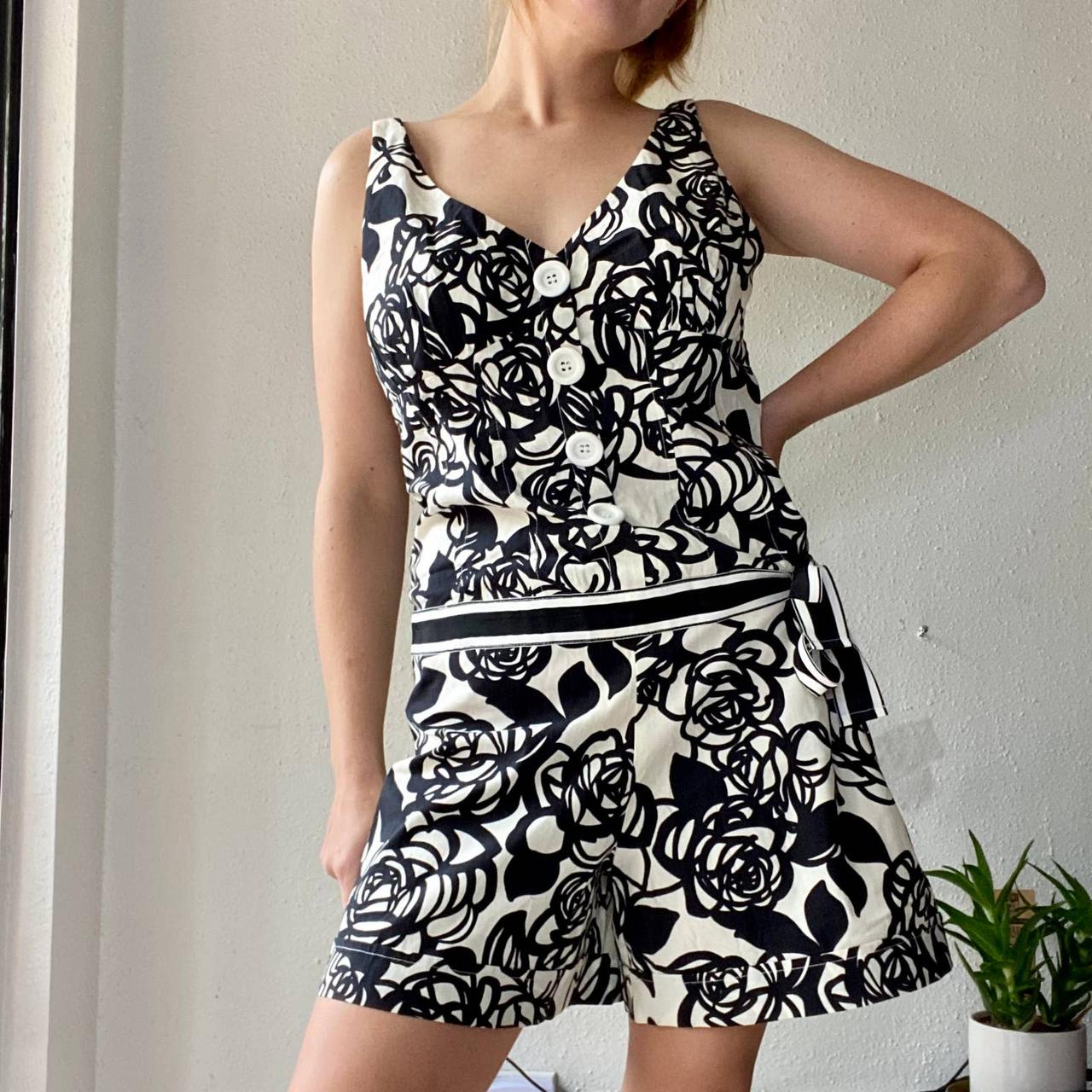 Vintage 70s/80s Cache black and white floral romper.... Depop