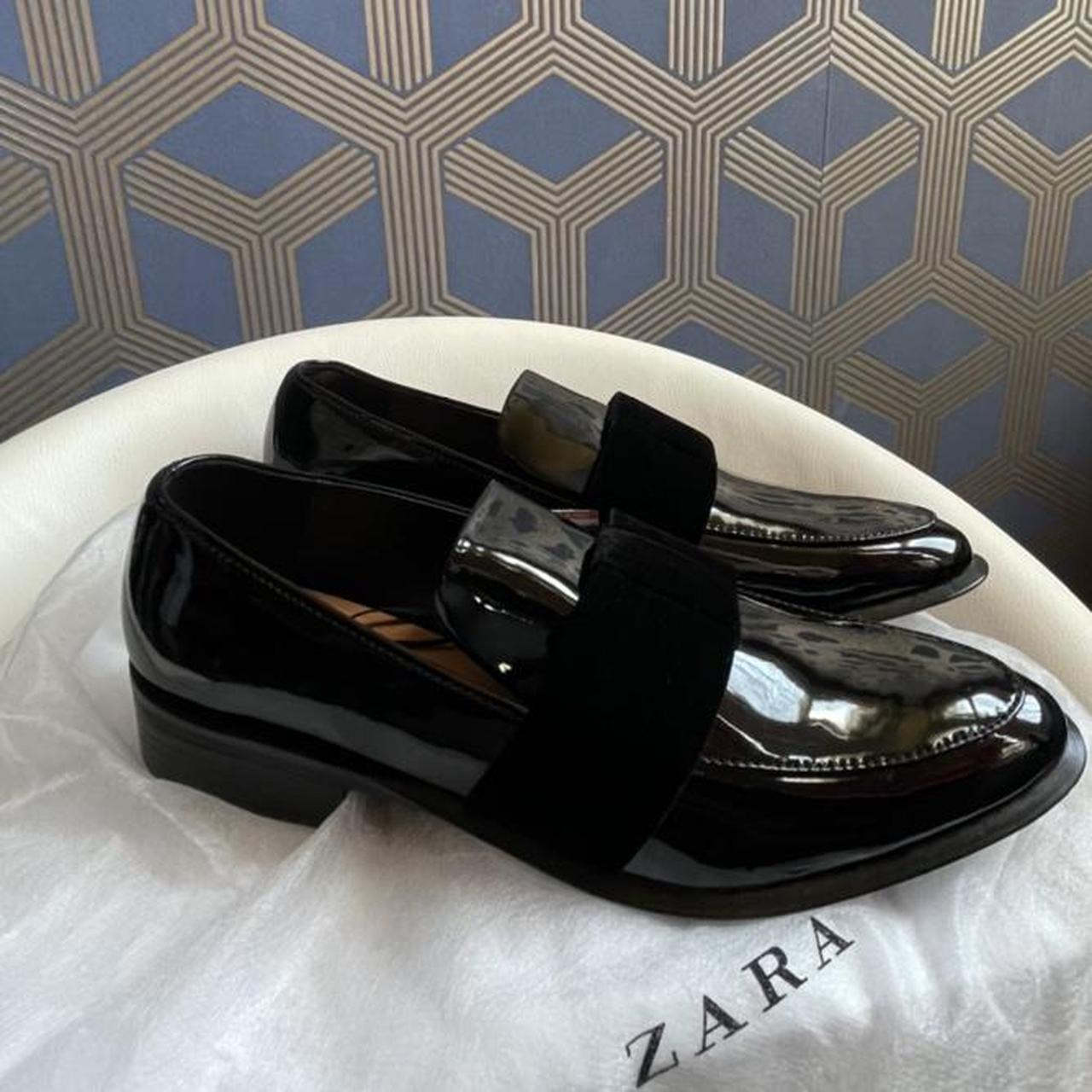 Zara Black Patent Loafers with Velvet Bow Brand New... - Depop