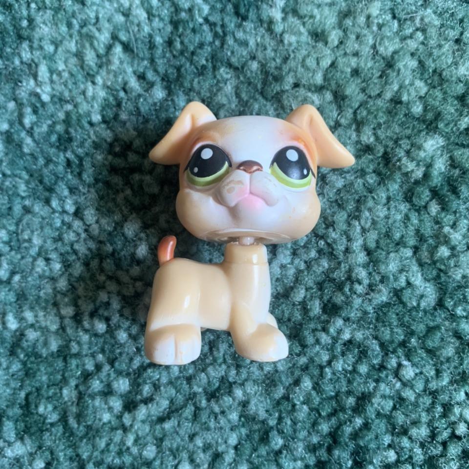 Littlest Pet Shop~#235~Boxer~Puppy Dog~Tan Cream~Pink Headband~Green Dot Eyes 