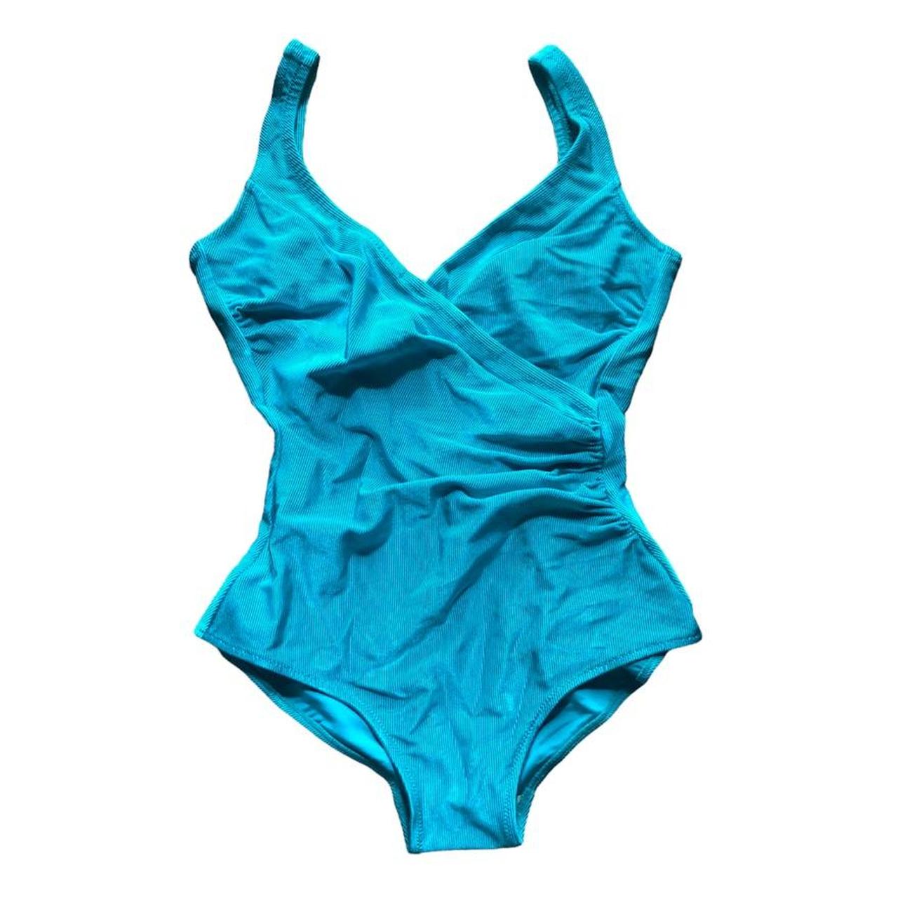 Vintage 80s shiny ribbed teal swimsuit. One piece... - Depop