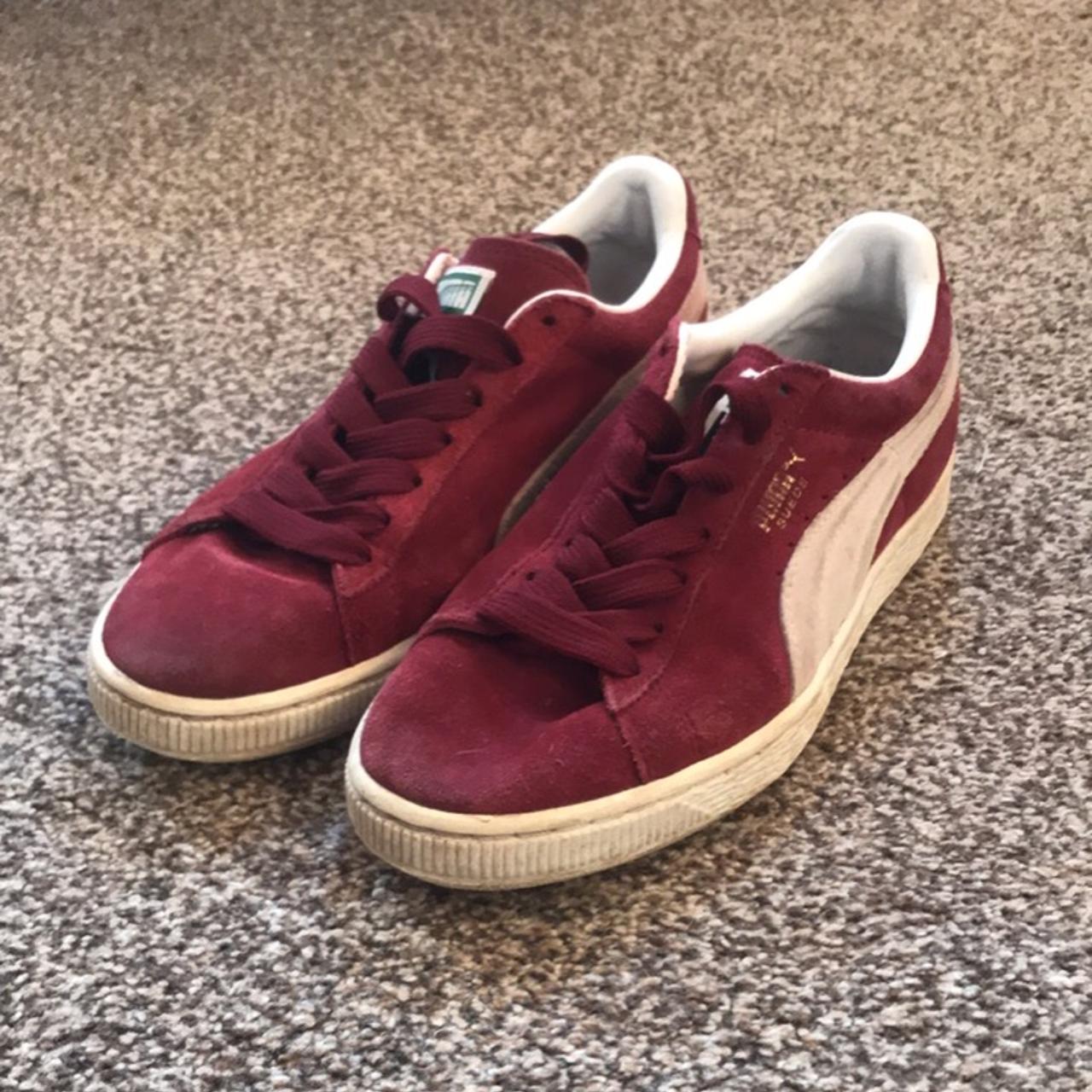 Puma suedes burgundy trainers. Worn but in good... - Depop