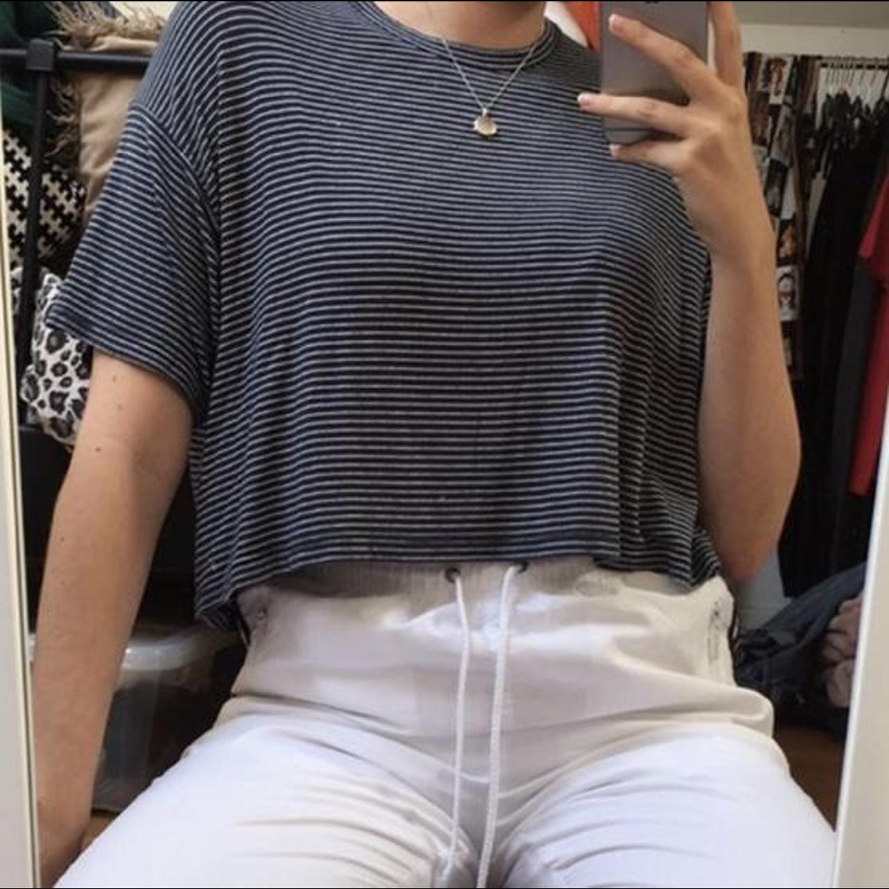 navy blue and white striped crop top super soft from... Depop