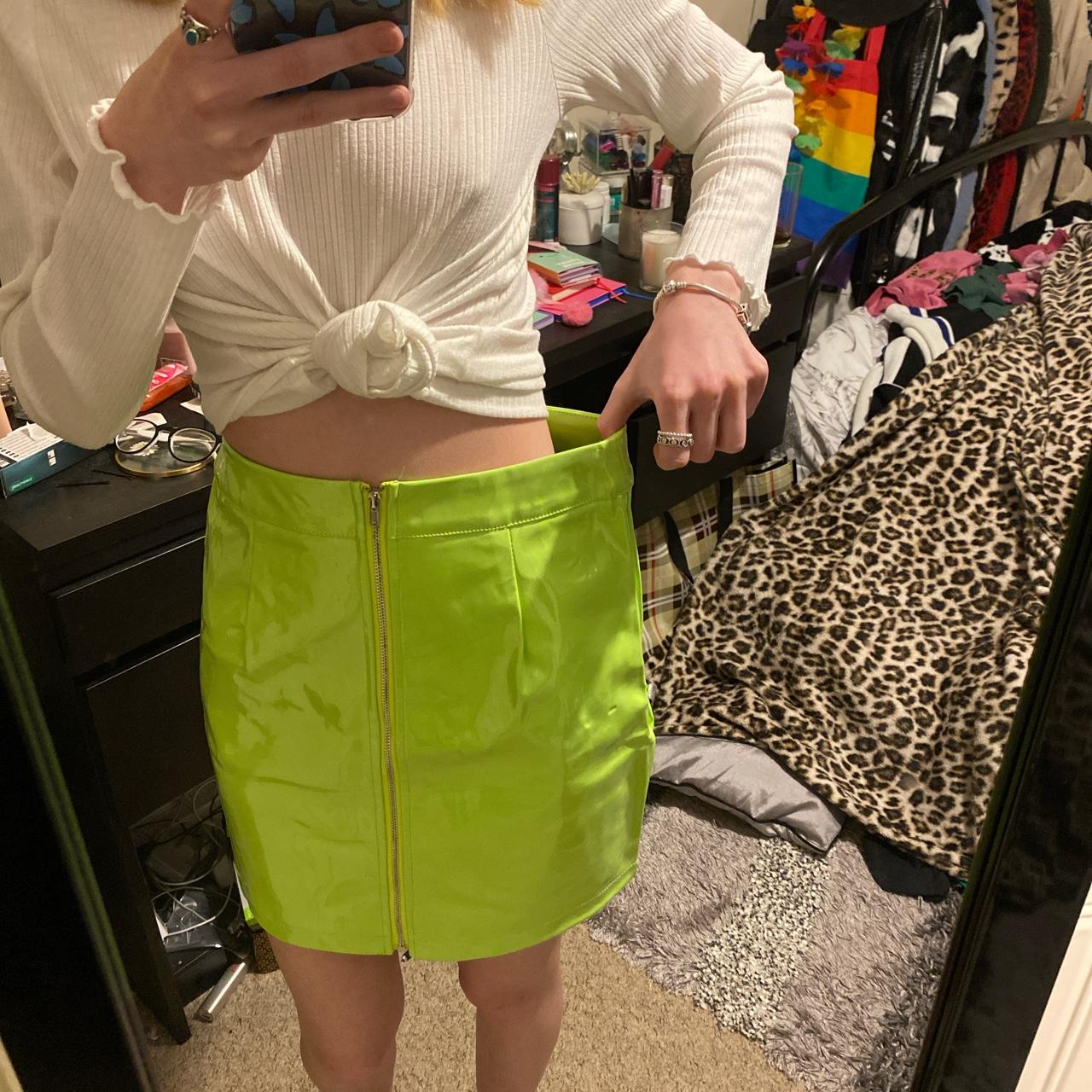 Lime green vinyl top mini skirt