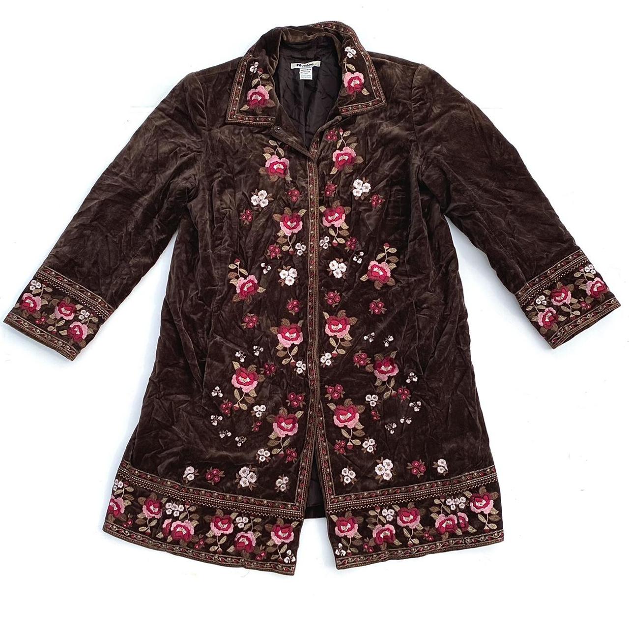 Nygard Collection Jacket Coat Embroidery Embroidered Brown W Pink White Flowers