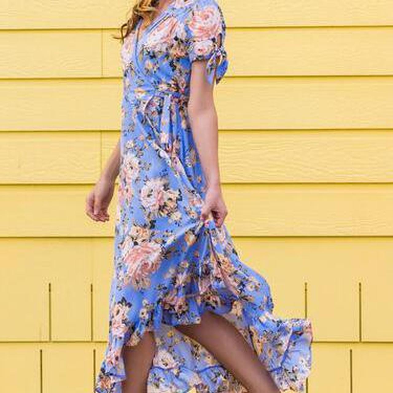 francescas/miami blue floral midi dress with tie... - Depop
