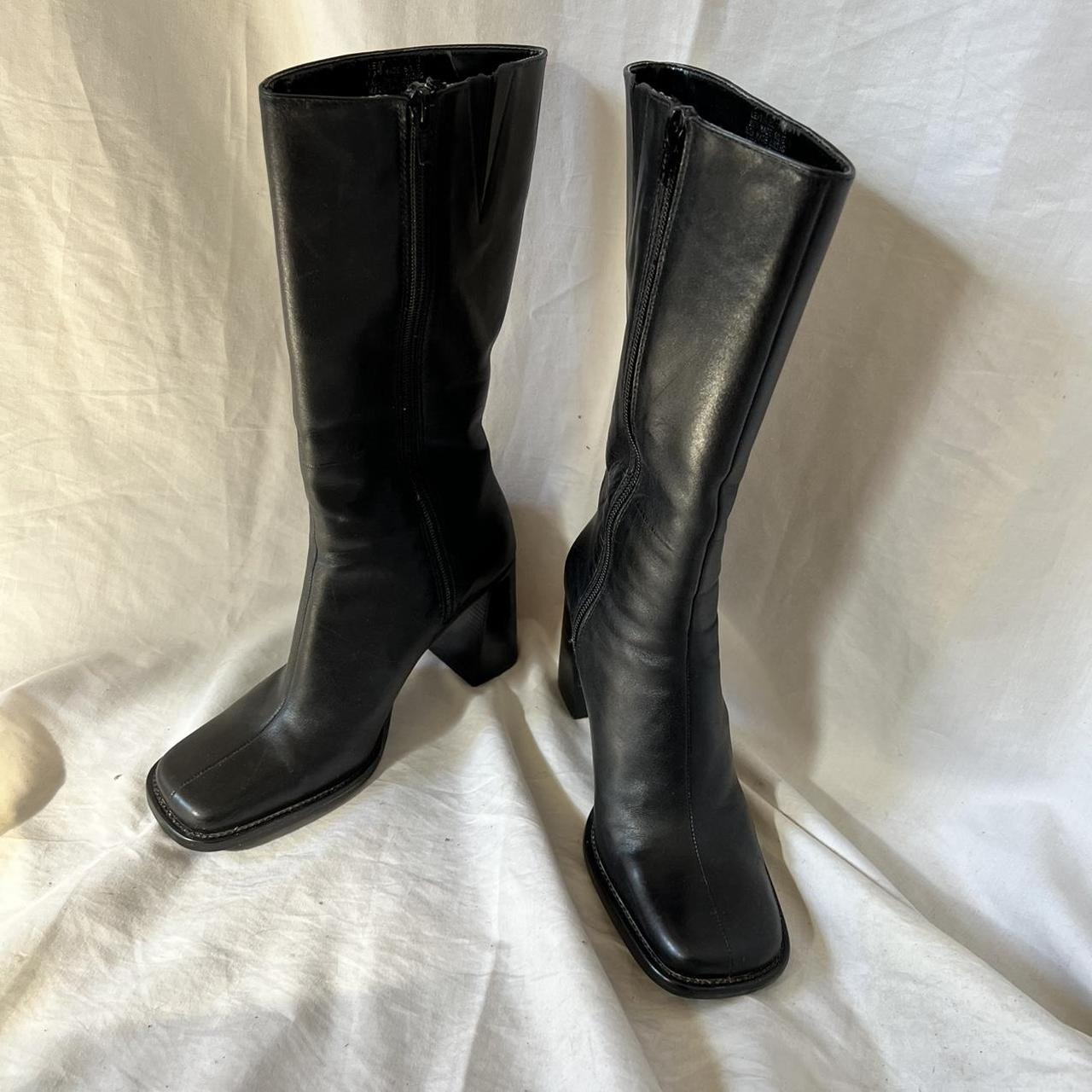 Vintage black leather mid calf boots with square... - Depop